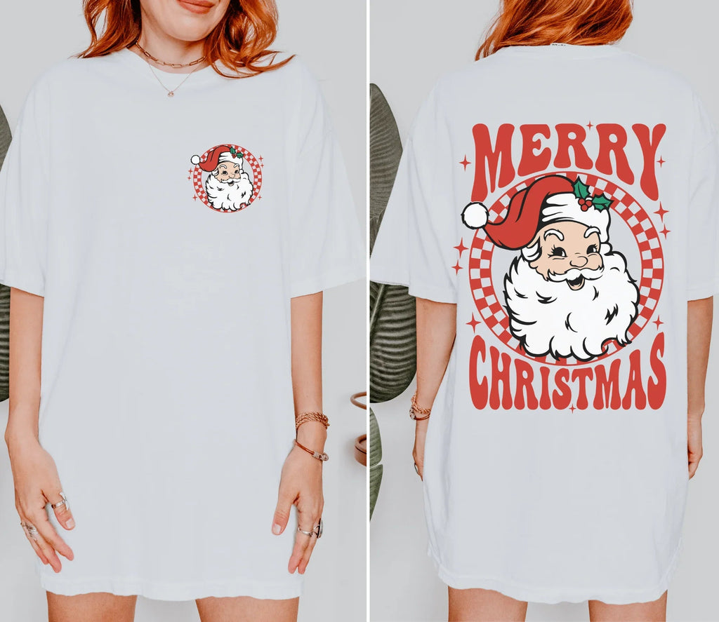 Merry Christmas Santa T-Shirt – Fun & Festive Holiday Shirt with Front and Back Print – Santa Claus Graphic Tee – Christmas Party Shirt
