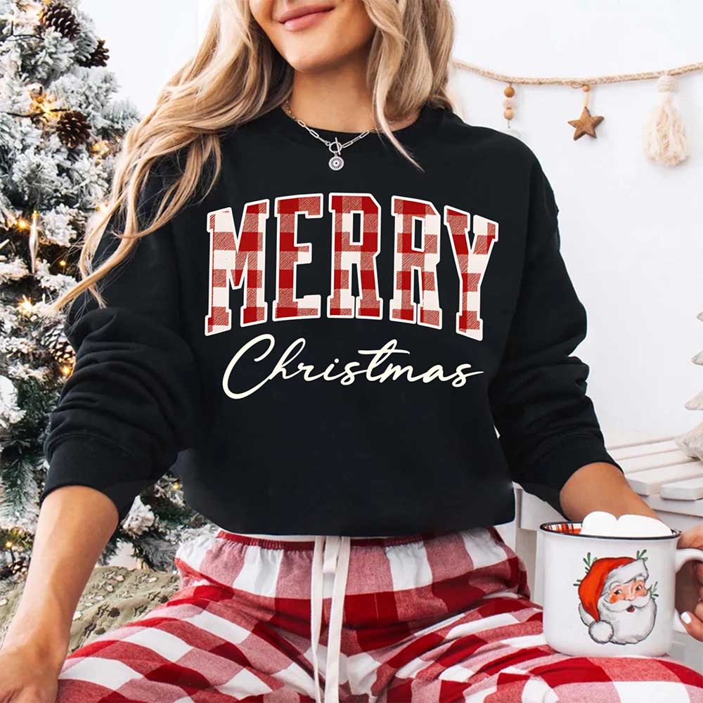 Merry Christmas Sweatshirt - Buffalo Plaid Crewneck
