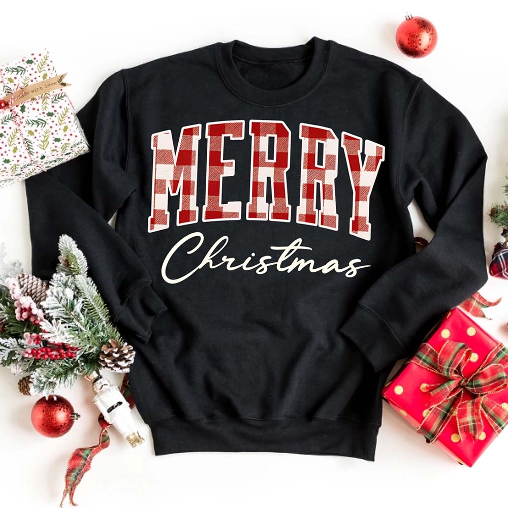 Merry Christmas Sweatshirt - Buffalo Plaid Crewneck