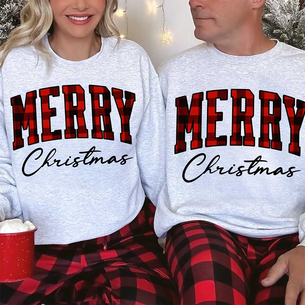 Merry Christmas Sweatshirt - Buffalo Plaid Crewneck