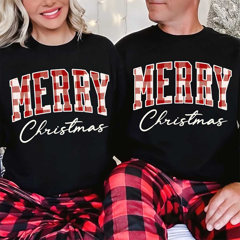 Merry Christmas Sweatshirt - Buffalo Plaid Crewneck