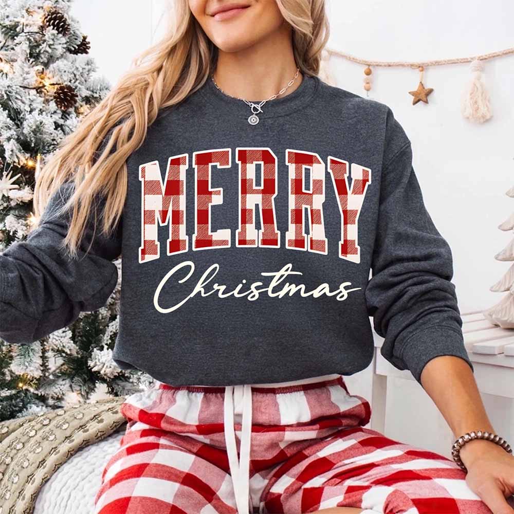 Merry Christmas Sweatshirt - Buffalo Plaid Crewneck