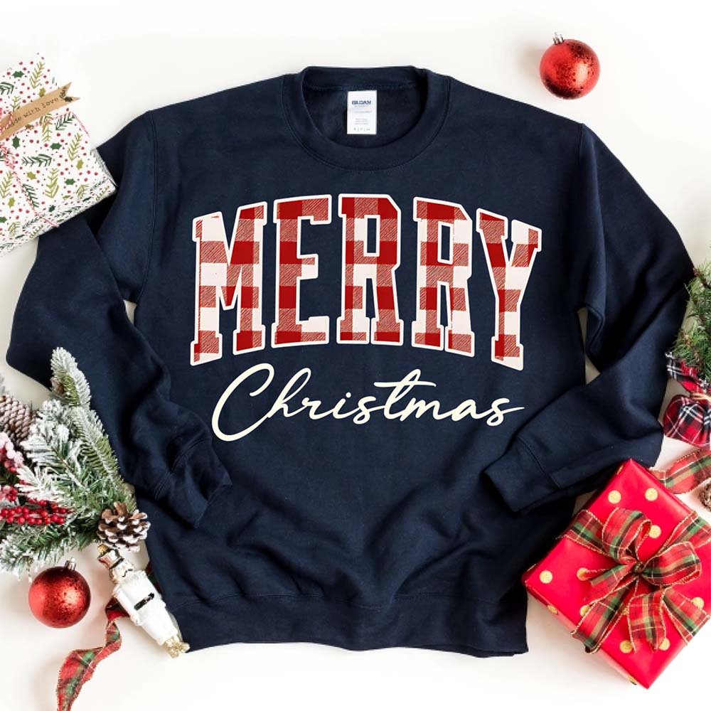 Merry Christmas Sweatshirt - Buffalo Plaid Crewneck