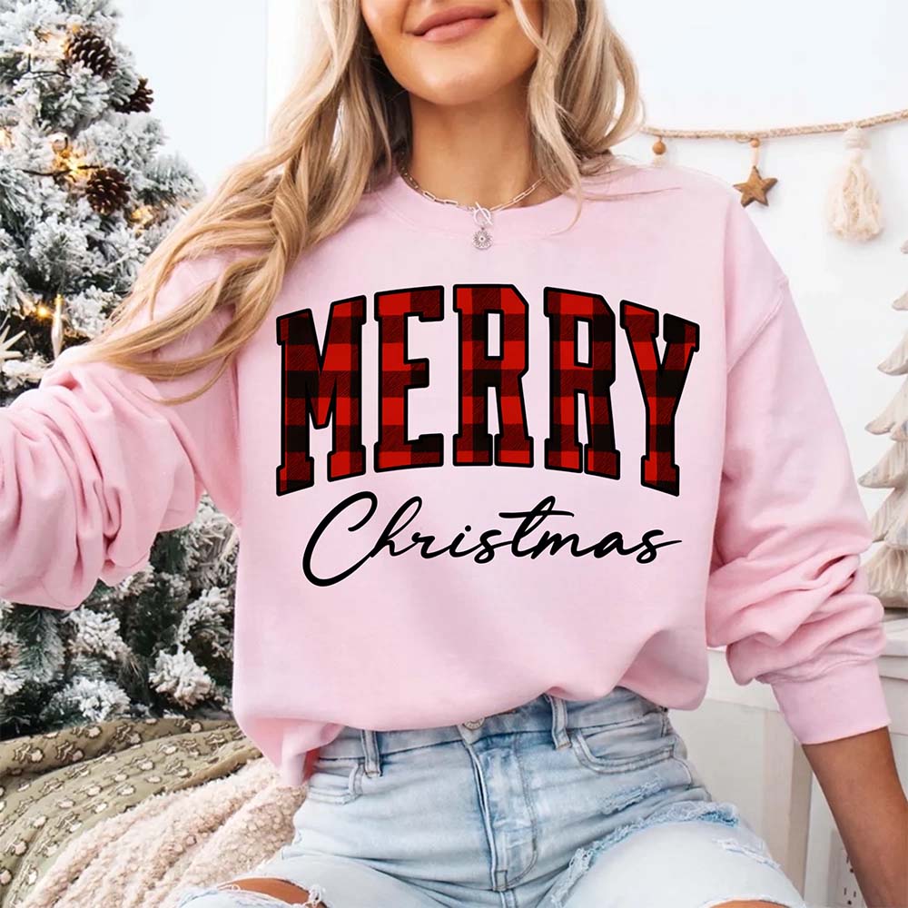 Merry Christmas Sweatshirt - Buffalo Plaid Crewneck