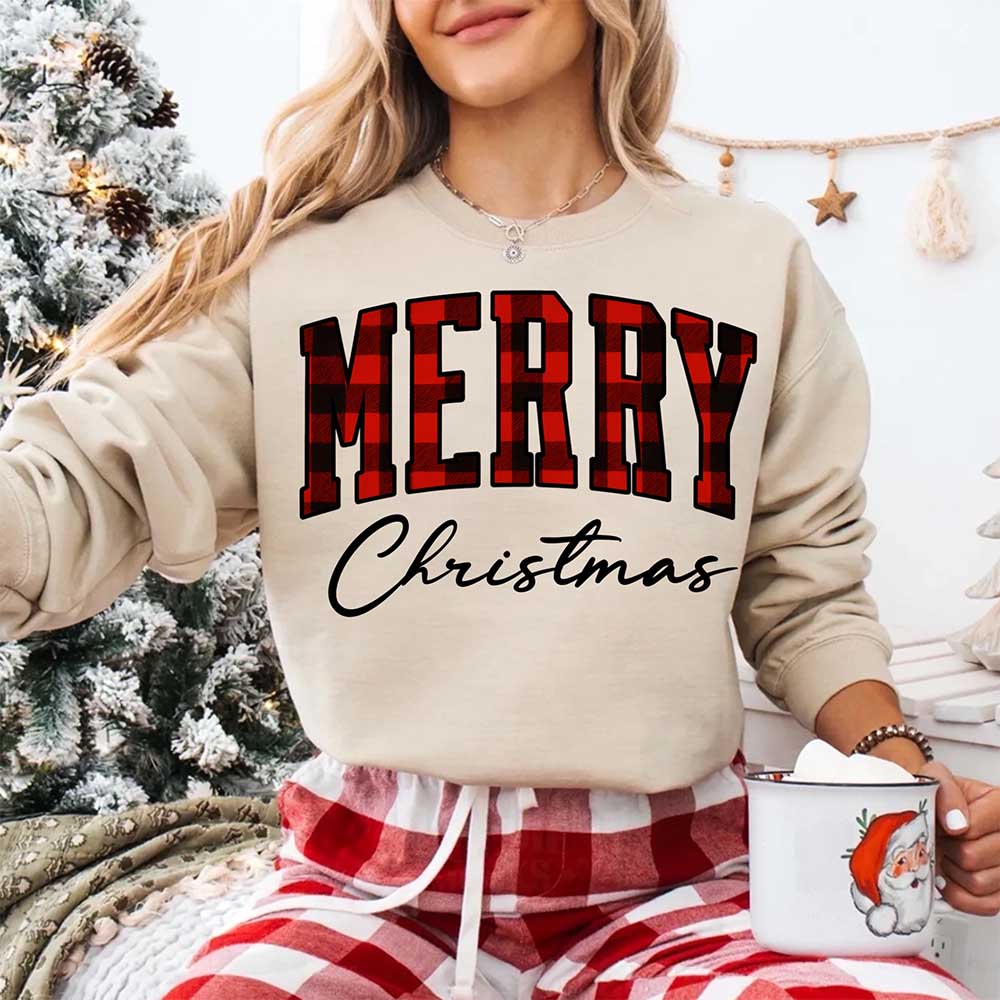 Merry Christmas Sweatshirt - Buffalo Plaid Crewneck