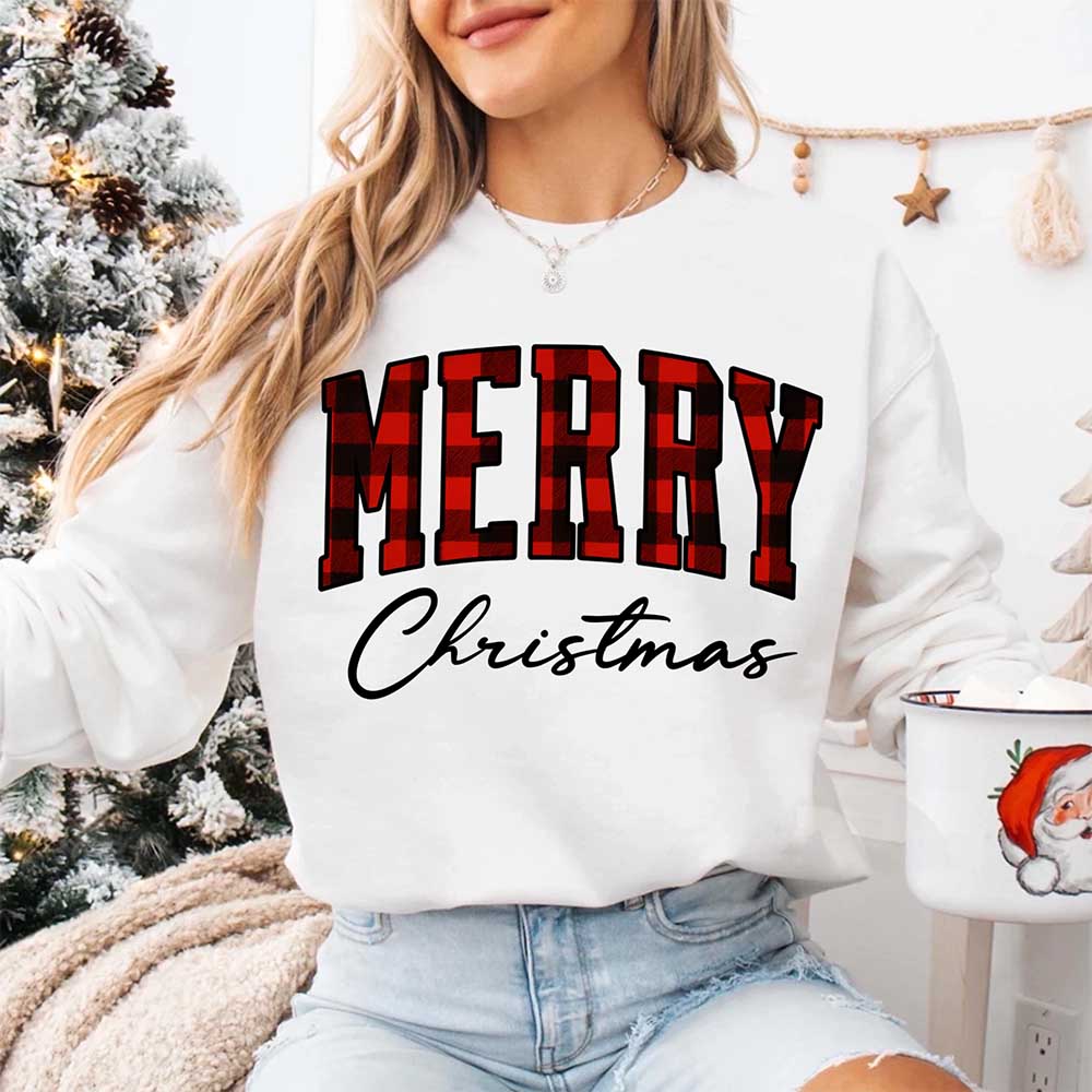 Merry Christmas Sweatshirt - Buffalo Plaid Crewneck
