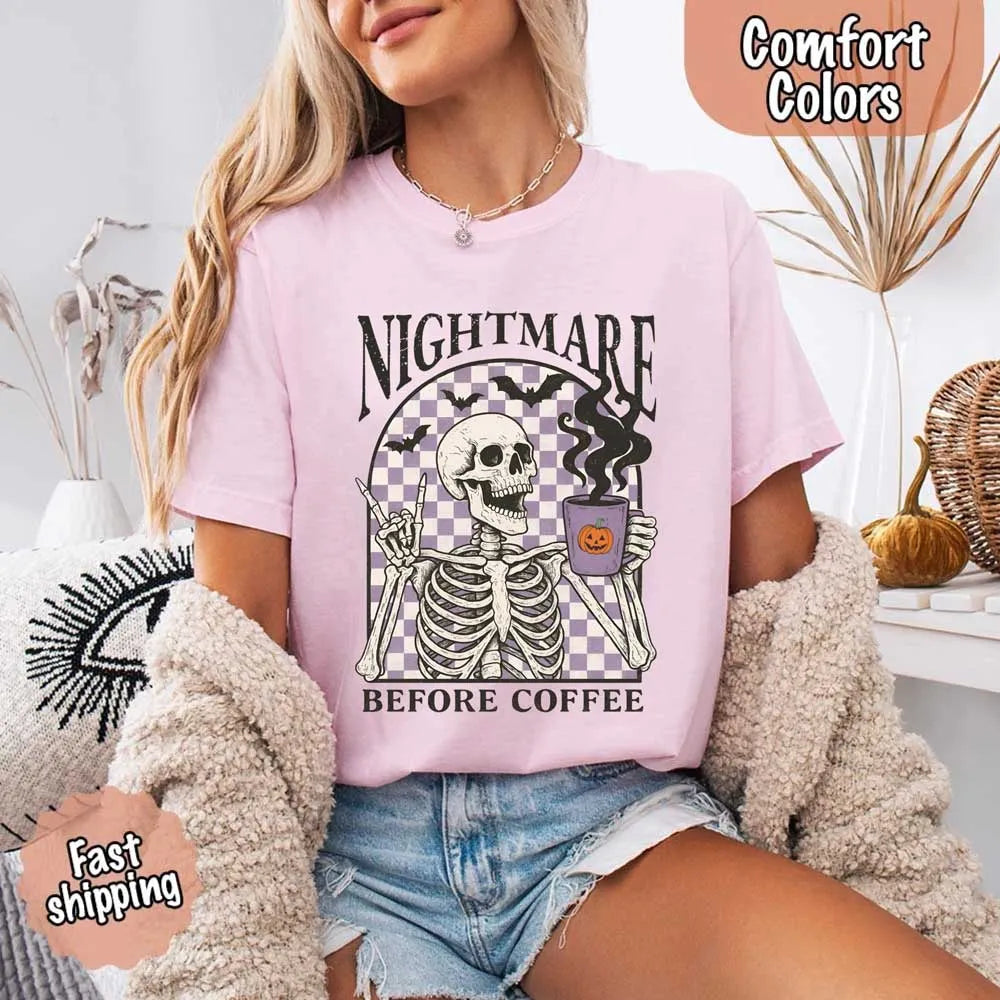 Nightmare Before Coffee Comfort Colors Shirt – Skeleton Funny Halloween Tee