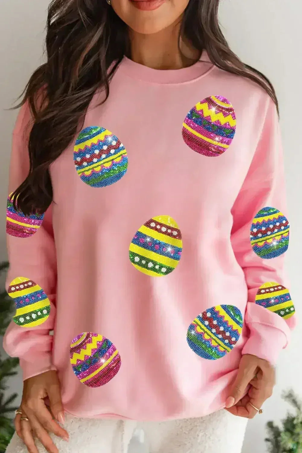 Pink Easter Sequin Egg Graphic Crew Neck Sweatshirt