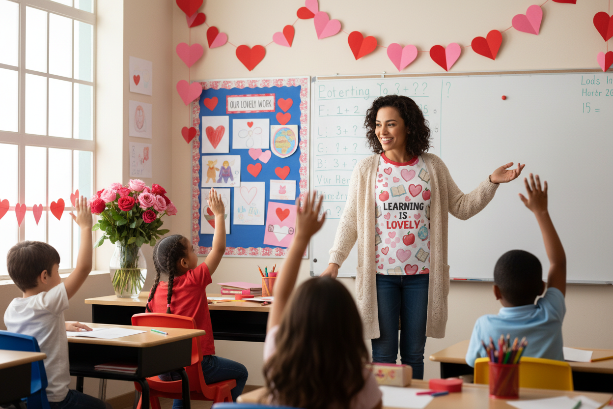 Generate a Teacher wearing a valentines day graphic T valentine daty themes for teachers with a cardigan in her classroom teaching
