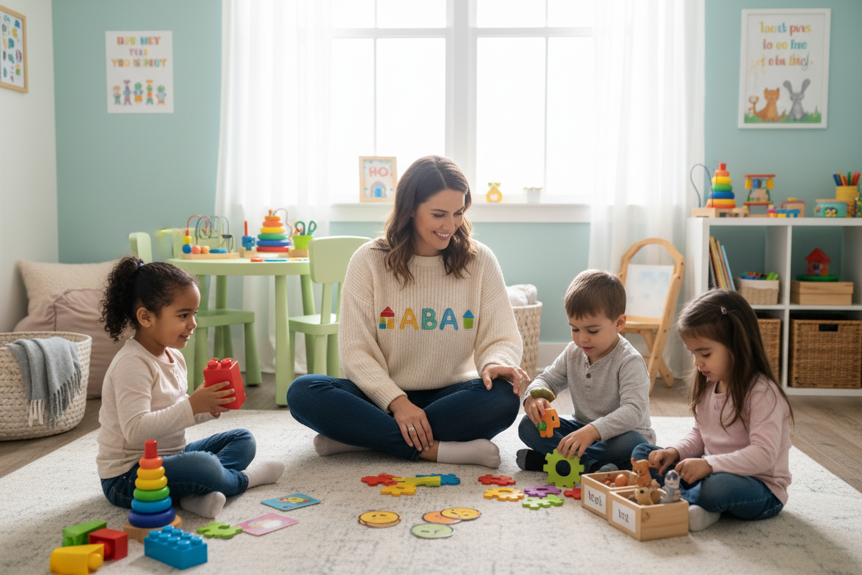 Generate a therapist with an embroied sweater about ABA playing with kids 